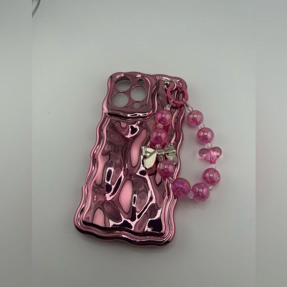Glossy Pink Wave Case with Beaded Handle for iPhone 15 Pro Max - Picture 4 of 7